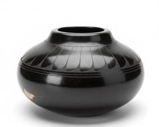 San Ildefonso BlackonBlack Pottery Jar with Feather Motif