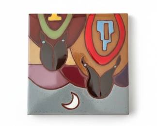 MidCentury Abstract Ceramic Tile with Moon and Figures