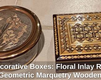 Pair of Decorative Boxes Floral Inlay Round Box and Geometric Marquetry Wooden Box