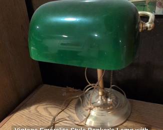 Vintage Emeralite Style Bankers Lamp with Emerald Green Glass Shade