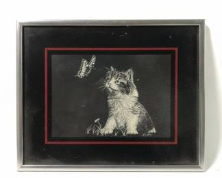 H.W. Hoag Cat and Butterfly Scratchboard Art Print