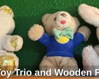 Plush Toy Trio and Wooden Figurine