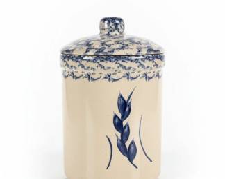 Vintage Robinson Ransbottom Pottery Blue Spongeware Canisters and Wheat Casserole Dish second image