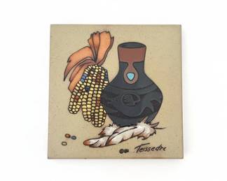 MidCentury Abstract Ceramic Tile with Moon and Figures third image