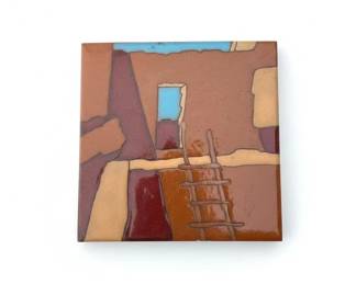 MidCentury Abstract Ceramic Tile with Moon and Figures second image