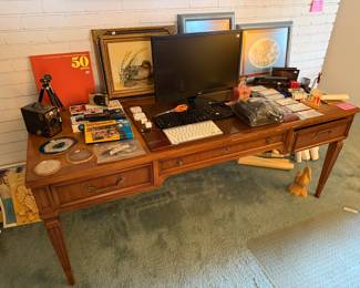 Thomasville Sheraton Style writing desk, art, cameras