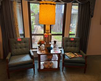 Pair of MCM upholstered chairs, Lane 2 tier end table and really cool MCM table lamp