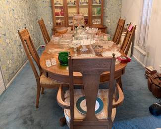 American of Martinsville MCM Dining table with original upholstery is wonderful condition with matching china cabinet! Smalls, Fenton, china and more!