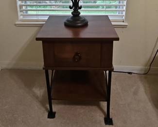 Wrought Iron and Wood Side Table with Drawer