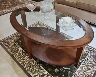 Oval Wood and Glass Coffee Table with Storage Shelf