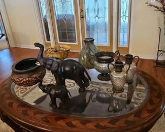 Bronzetoned Elephant Figurines and Decorative Vases