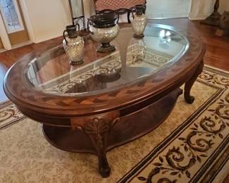 Vintage Oval Marquetry Inlay Coffee Table with Lower Shelf