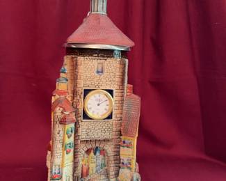 WM Musterschutz beer stein featuring the Rothenburg Clock Tower, crafted in Germany. Detailed ceramic body with built-in clock and pewter lid. Includes original paperwork and booklet. Marked on base.