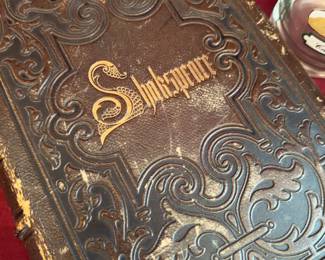 'The Works of William Shakespeare' published by Phillips, Sampson, and Company, Boston, 1858, with decorative embossed cover; a Burroughs Company No. 2917 'Sleeptite Gothic' clock with Seth Thomas movement, inspired by a gothic design; and glass tumblers decorated with duck images and labeled breeds.