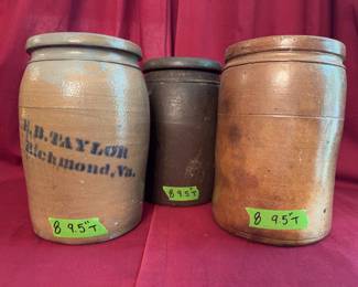 stoneware crocks, each approximately 9.5 inches tall. One crock is marked with "M.B. Taylor, Richmond, Va."