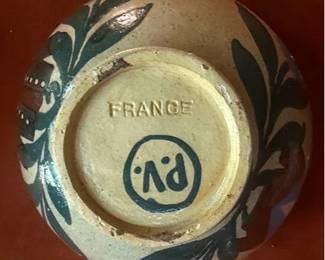 Bowl and creamer from PV France, decorated with blue floral motifs and figures, and a small dish by Nicholas Mosse Pottery, Made in Ireland. Also includes a small dark blue glazed jar with lid. Varied collectible ceramics.