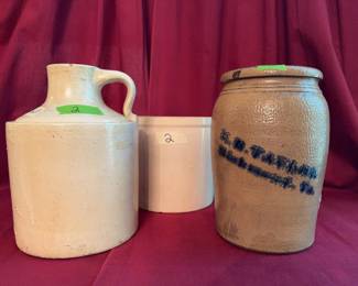 Three stoneware items: a 9.5" tall jug with handle, an undecorated crock, and a 10" tall crock by C.M. Barnard, Westborough, MA, with cobalt blue script.