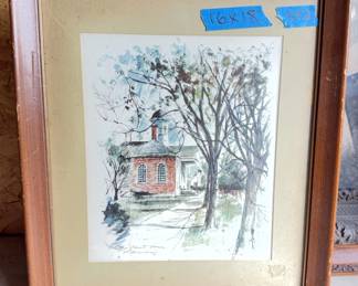 Group includes three items: a wood-framed print titled "Old Court House Williamsburg" with signature, a large framed black-and-white photographic portrait of a woman in a decorative wood frame, and an oval wall mirror with a gold-colored ornate frame. Each shows visible surface wear, aging, and frame wear.