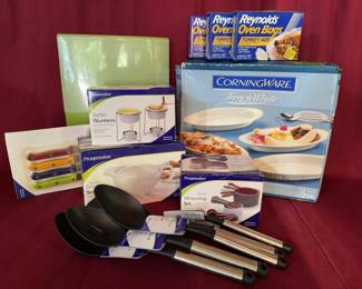 CorningWare French White 4-piece bakeware, Progressive butter warmer, gravy server, measuring set, nylon utensil set, multi-colored measuring spoons, and Reynolds Oven Bags.