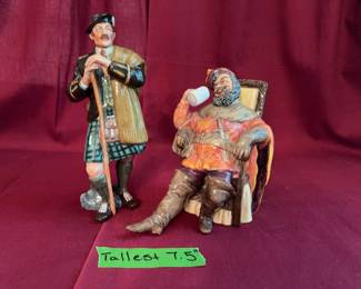 Royal Doulton hand-painted ceramic figurines: "The Foaming Quart" HN2163 and "The Laird" HN2361. The tallest figurine measures 7.5 inches. Both are marked on the base.