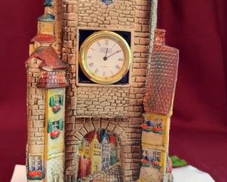 WM Musterschutz beer stein featuring the Rothenburg Clock Tower, crafted in Germany. Detailed ceramic body with built-in clock and pewter lid. Includes original paperwork and booklet. Marked on base. .