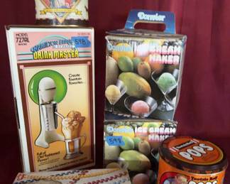Hamilton Beach DrinkMaster, Donvier ice cream makers, Heinz Ketchup bottle phone, Tootsie Roll 100th Anniversary tin, and Pops candy container.