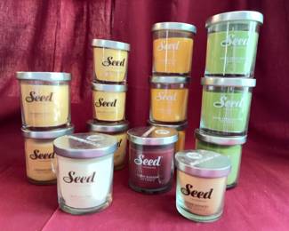 Seed brand soy candles in assorted scents including Cinnamon Roll, Sugar Cookie, Crisp Cotton, Cherry Blossom, Green Apple Orchard, and more. All candles have metal lids. 