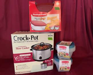 Rival Crock-Pot 5-quart stoneware slow cooker with bonus Little Dipper Warmer, a Rubbermaid Servin' Saver Plus 4-piece food container set, and two Rubbermaid TakeAlongs divided 3-pack storage containers.