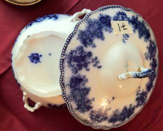 blue and white floral transferware covered vegetable dish with ornate handles and lid