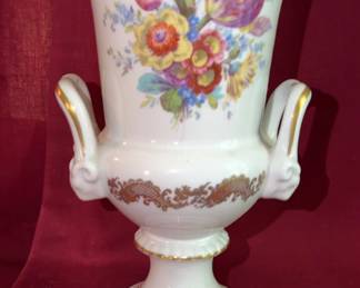 Herend Hungary porcelain vase, featuring hand-painted floral decoration, two scroll handles, and gold gilt accents. The vase stands 10.5 inches tall and is marked on the base with Herend factory marks.