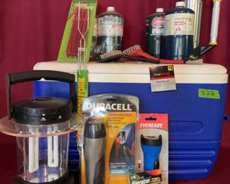Igloo cooler, Rayovac lantern, Duracell flashlight, Eveready flashlight, Energizer batteries, Coleman propane canisters, roasting forks, grilling brushes, a Stanley thermos, and grilling accessories.