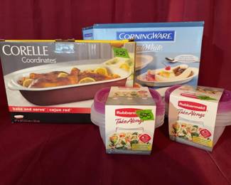 Corelle Coordinates bake and serve dish in 'cajun red' and a CorningWare French White 4-piece simple serve dish set. Also includes Rubbermaid TakeAlongs food storage containers.