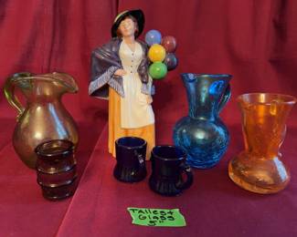 Royal Doulton 'The Balloon Lady' figurine and assorted art glass miniature pieces. The tallest glass measures 5 inches. The Royal Doulton figurine is marked on the base.