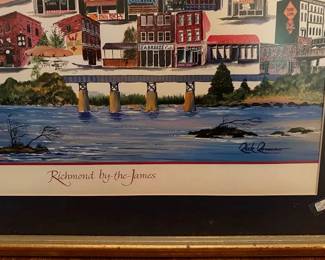 Rick Romano signed print titled 'Richmond by the James' featuring a collage of Richmond city buildings by the river. 