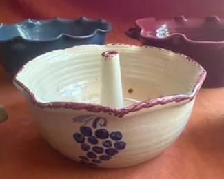 Ceramic bowls: two handled soup bowls marked Heinz USA Made by Western, a decorative bowl dated 1993 stamped Jugtown Ware, a blue bowl, and a red handled bowl signed McNeill 2001. Assorted colors and designs.