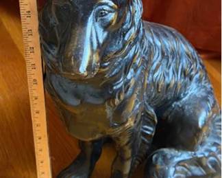 Wildwood Imports cast figure of a Collie dog, made in Japan. The sculpture is finished in a dark metallic tone and features realistic fur detailing. Marked with model number 90443. Measures approximately 14 inches tall.
