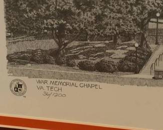 Framed color artwork of the Virginia Tech campus building and a signed, numbered limited edition print of 'War Memorial Chapel, VA Tech' by Edith Schermerhorn, dated 2001, print 36/1200. Both works are presented in wood frames.