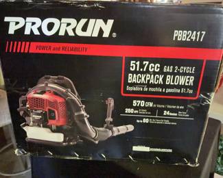 PRORUN PBB2417 backpack blower with a 51.7cc 2-cycle gas engine. Provides 570 CFM air volume and up to 250 MPH air velocity. Runtime up to 60 minutes at full throttle. Packaged in original, unopened box.