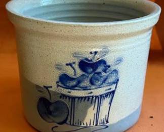 Blue decorated and glazed stoneware pottery, including signed pieces by David Eldreth of Nottingham, PA, bowls, crocks, a pitcher, decorated heart and flower motifs, and a dog dish. Some pieces are dated 1993 and 1999.