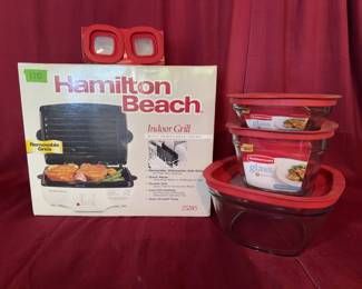 Hamilton Beach Indoor Grill model 25325 with removable grids, suitable for 6 servings. Included are Rubbermaid glass food storage containers with red lids in various sizes.