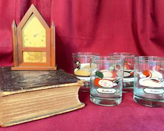 'The Works of William Shakespeare' published by Phillips, Sampson, and Company, Boston, 1858, with decorative embossed cover; a Burroughs Company No. 2917 'Sleeptite Gothic' clock with Seth Thomas movement, inspired by a gothic design; and glass tumblers decorated with duck images and labeled breeds.