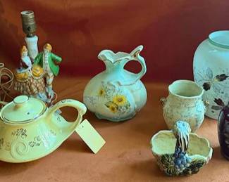 RS Prussia floral pitcher, Pearl China Co. USA hand decorated teapot with 22K gold, hand painted porcelain lamp with courting couple figures, and assorted decorative vases. Various floral hand-painted and molded details.