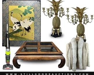 Canon camera, knives, original artwork, sterling silver jewelry, paintings, patio furniture, Brighton, Roosevelt dimes, rugs, furniture, floral arrangements, gold jewelry, and much more!