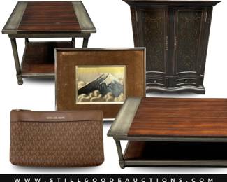 Century furniture, vacuum cleaners, tool sets, Ugg shoes, fabric, kitchen tools, Jadeite, Keurig, dominos, hammock, pewter, camping chairs, Jay Strongwater frames, tapestries, porch swing, coolers, chest freezer, refrigerators, new furniture, quilt, television set, and more!