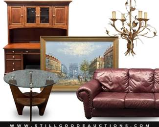 Hooker furniture, Indiana glass, desks, Houston Astros collectibles, mirrors, Waterford ornaments, cameos, pallet racks, Fiesta dishes, Dr. Seuss books, Shalimar perfume, and more!