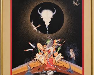Worked for 16s  Striking limited-edition artwork titled “White Buffalo Medicine Song” by Rance Hood Chasing. Numbered 233 of 1,200, this colorful Native American-inspired piece features a white buffalo, ceremonial figures, feathers, birds, and wildlife. Beautifully displayed with layered matting and a gold-tone frame—a distinctive statement piece for collectors.