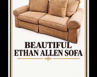 Beautiful Ethan Allen two-seat sofa featuring warm neutral upholstery, rolled arms, tailored seat cushions, a skirted base, and three coordinating back pillows. Its classic design and versatile color make it a lovely addition to a living room, den, or sitting area.