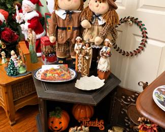 Seasonal décor for every celebration! This collection features oversized pilgrim figures, Thanksgiving ladies, ceramic pumpkins, harvest serving pieces, fall wreaths and floral accents, Halloween décor, a festive snowman, Mrs. Claus, angels, and Christmas figurines. A wonderful assortment for decorating from fall through Christmas!