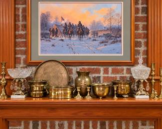 Worked for 11s  An impressive collection of classic brass décor, featuring assorted planters and bowls, candlesticks, decorative vessels, an embossed serving tray, and elegant crystal pieces with ornate brass bases. Also available is a beautifully framed winter military scene—perfect for collectors and traditional home décor.
