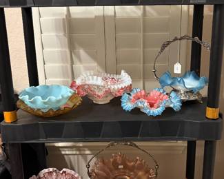 Colorful Collection of Vintage Ruffled Art Glass Bowls and Brides Baskets